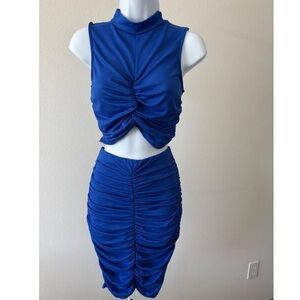 Fashion Nova 1X Royal Blue Ruched Bodycon Skirt Set  Curve Hugging